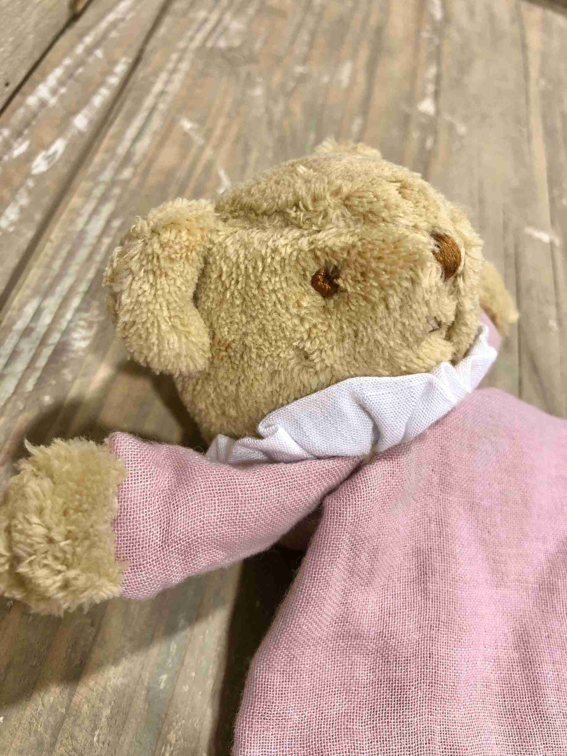 Doudou fazzoletto Orso rosa antico con sonaglio - immagine 2